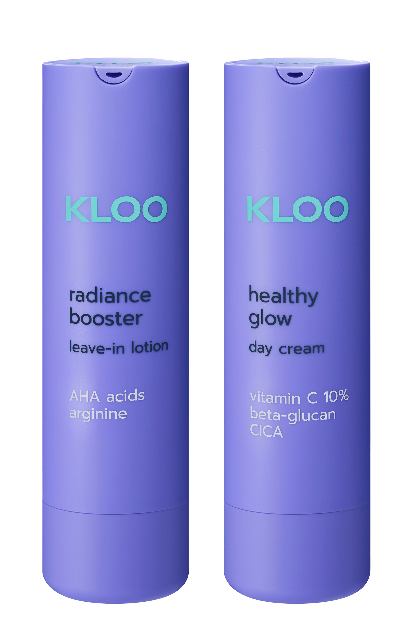 Produkty marki Kloo: Radiance Booster z argininą oraz Healthy Glow Krem na dzień z witaminą, w fioletowych opakowaniach.