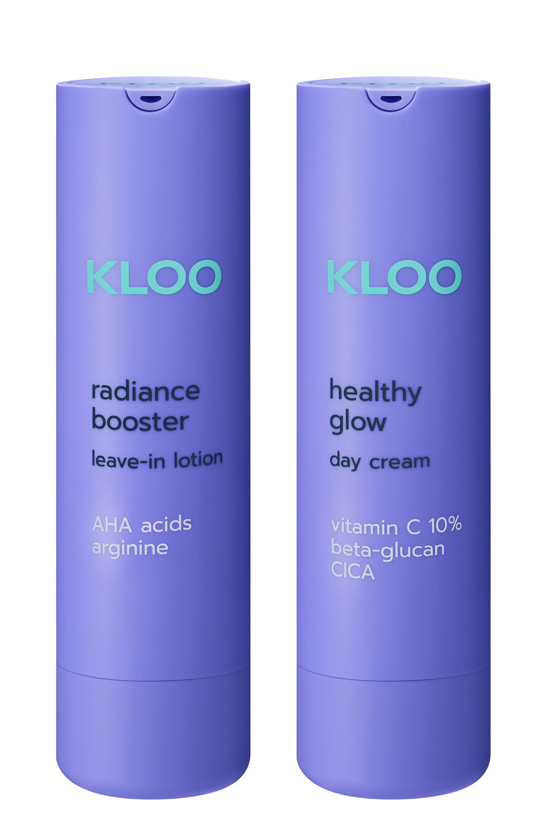 Produkty marki Kloo: Radiance Booster z argininą oraz Healthy Glow Krem na dzień z witaminą, w fioletowych opakowaniach.