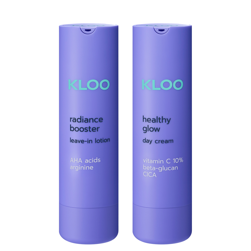 Produkty marki Kloo: Radiance Booster z argininą oraz Healthy Glow Krem na dzień z witaminą C, w fioletowych opakowaniach.