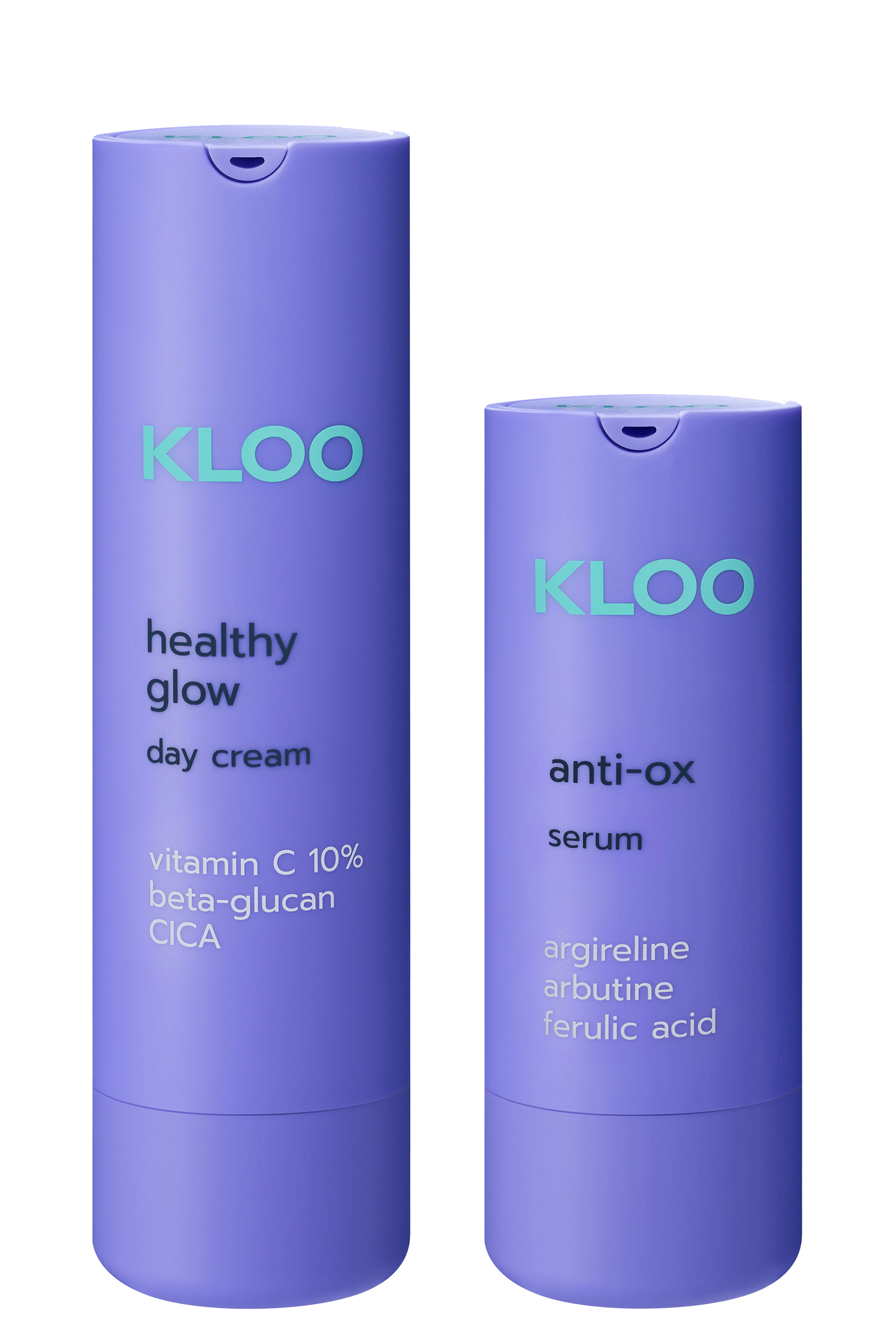 Produkty marki Kloo: Healthy Glow Krem na dzień z i beta-glukanem oraz Anti-Ox Serum z argireliną, w fioletowych opakowaniach