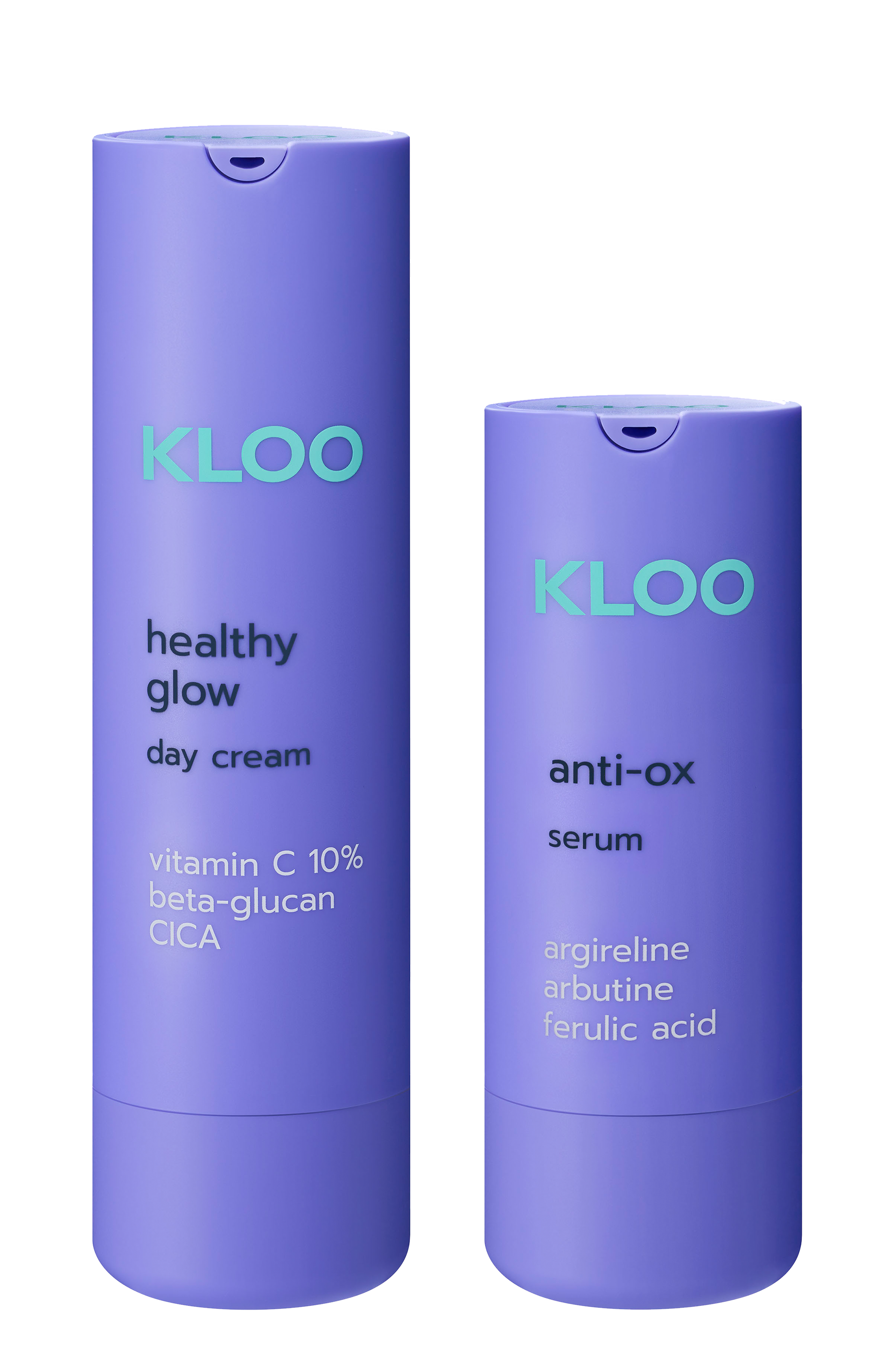 Produkty marki Kloo: Healthy Glow Krem na dzień z i beta-glukanem oraz Anti-Ox Serum z argireliną, w fioletowych opakowaniach