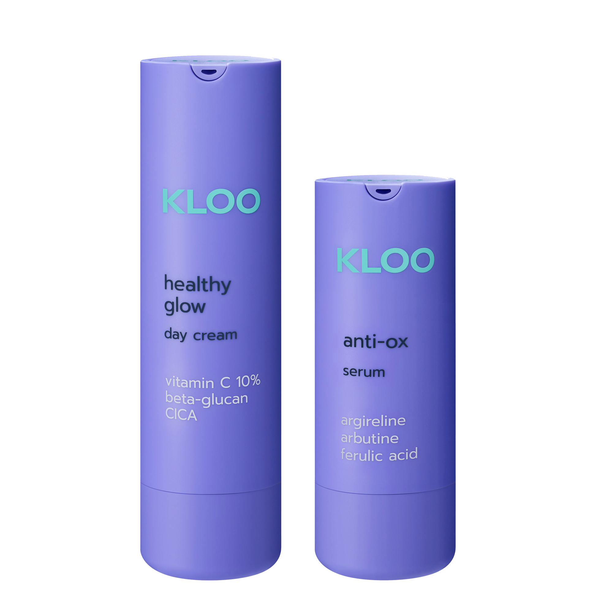 Produkty marki Kloo: Healthy Glow Krem na dzień z witaminą C oraz Anti-Ox Serum z argireliną, w fioletowych opakowaniach