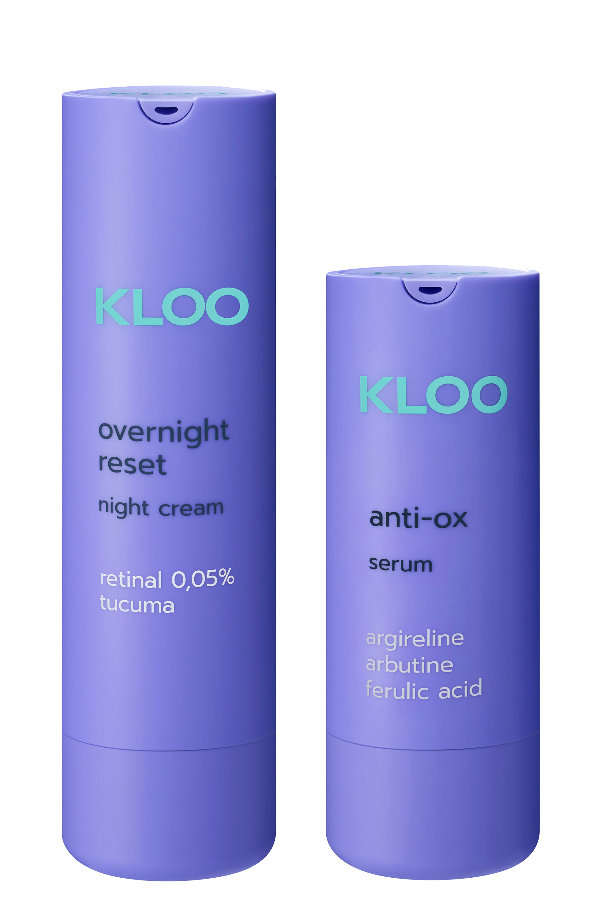 Produkty marki Kloo: Overnight Reset Night Cream z retinalem oraz Anti-Ox Serum z argireliną, w fioletowych opakowaniach.